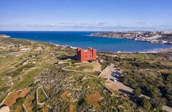 malta-northern-region-mellieha-aerial-view-of-saint-agathas-tower-with-ghadira-bay-in-background-TAMF03183